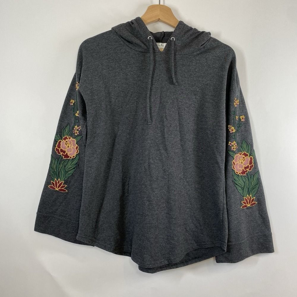 Isela Womens Flower Embroidered Bell Sleeve Hoodie Size S Gray Casual Streetwear